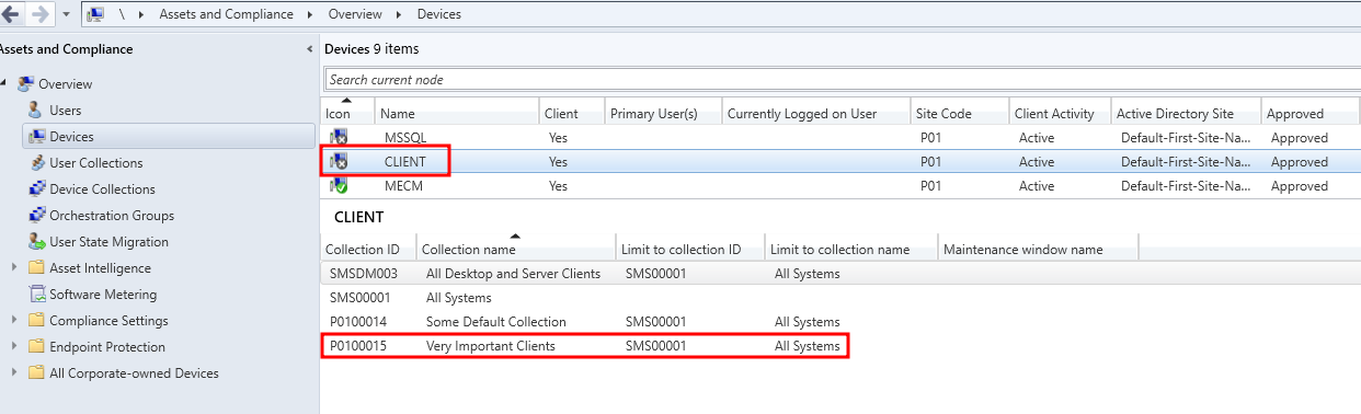 SCCM CLIENT device in the Very Important Clients collection.