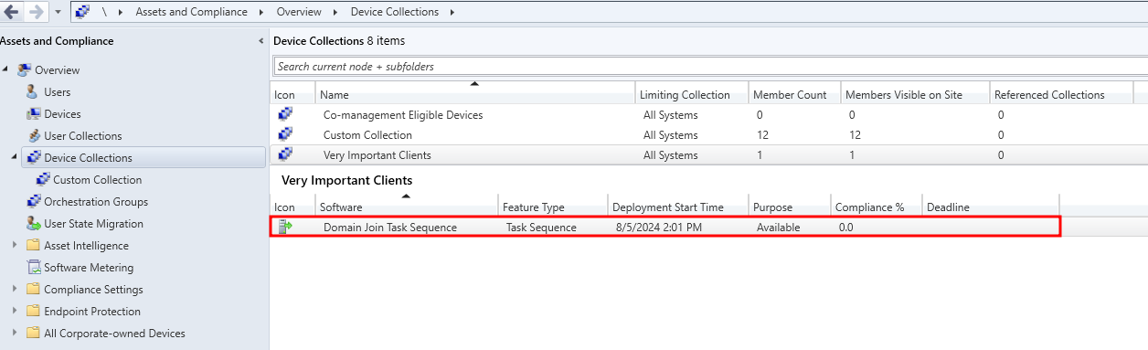 Domain Join Task Sequence associated with the "Very Important Clients" collection.