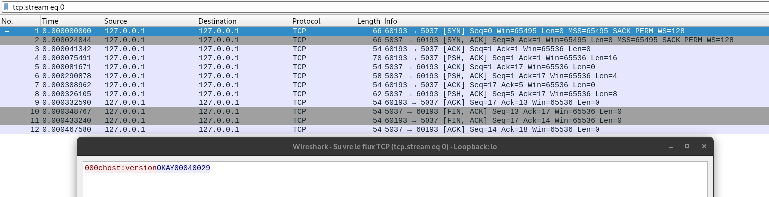 wireshark dump of host:version command