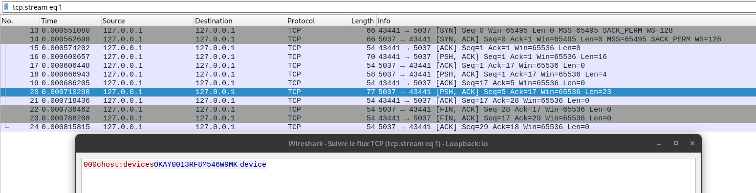 wireshark TCP dump of host:device command