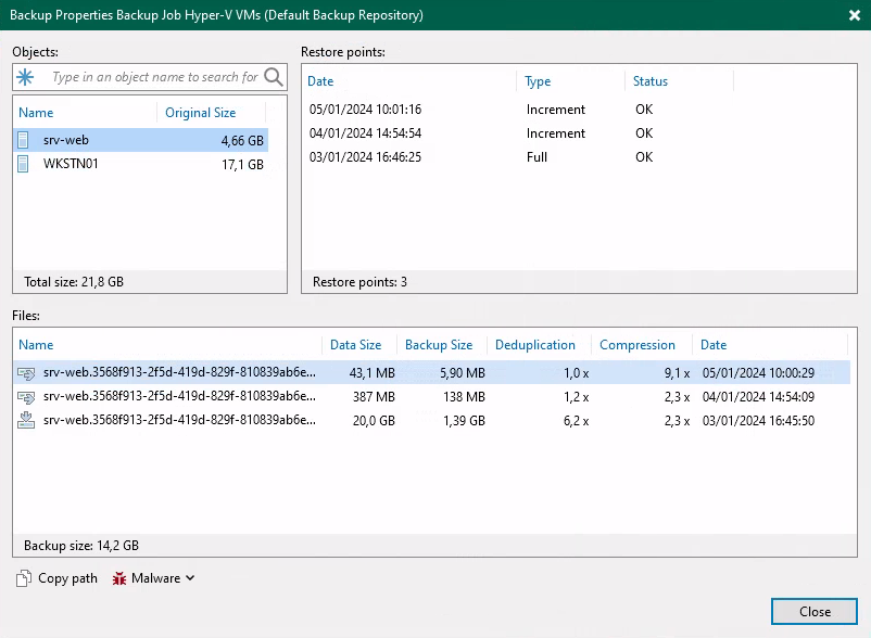 The properties of the Hyper-V Backup Job, listing the Objects and for each Object the Restore Points with dates, Storage files and details.