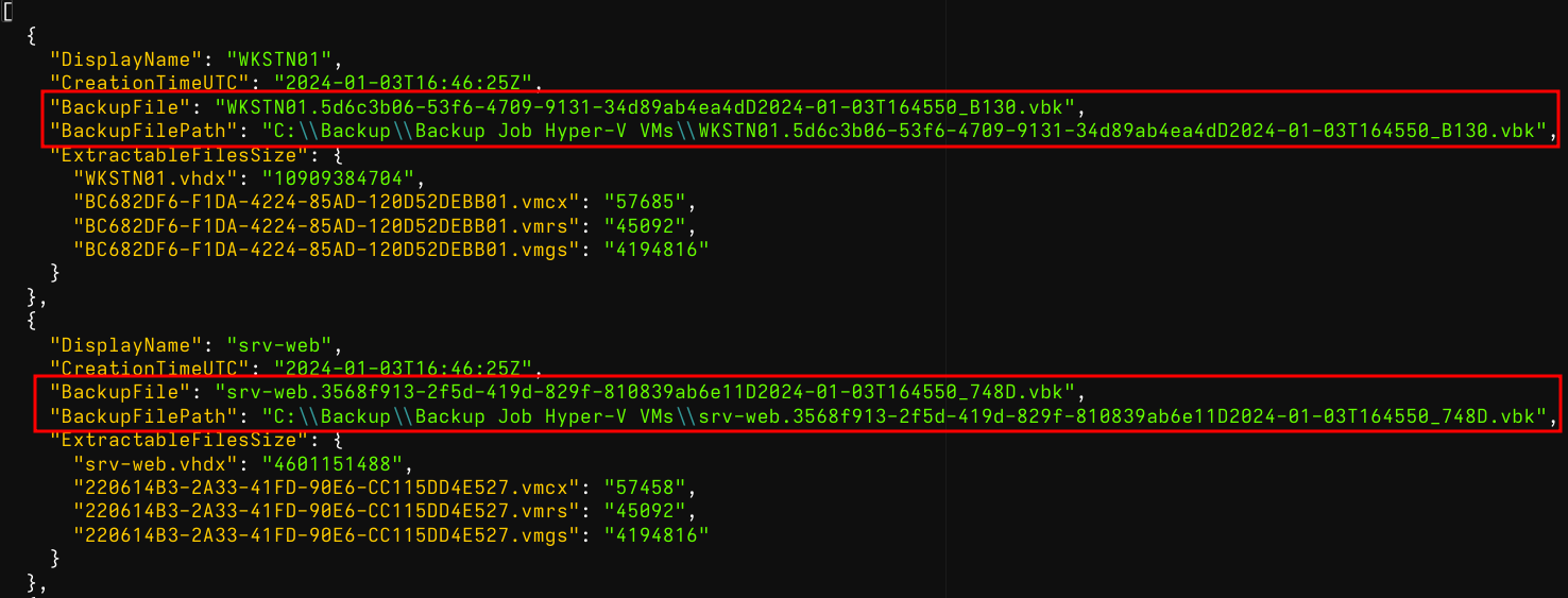 JSON listing of Restore Points with a highlight on the name of the Storage file and its path.