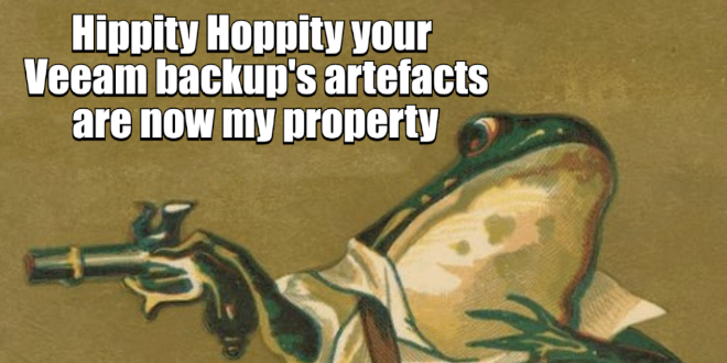 A frog pointing a gun saying: "Hippity Hoppity, your Veeam backup's artefacts are now my property