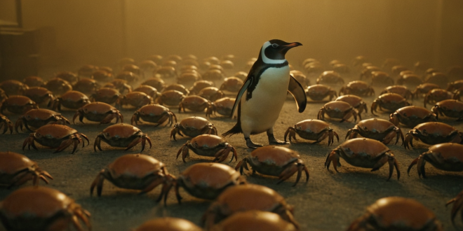 image of a penguin surrounded by crabs