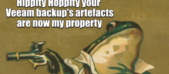 A frog pointing a gun saying: "Hippity Hoppity, your Veeam backup's artefacts are now my property