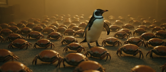 image of a penguin surrounded by crabs